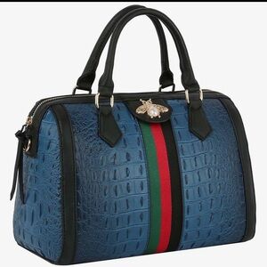 Blue Croc-Embossed Satchel with Red & Green Stripe
